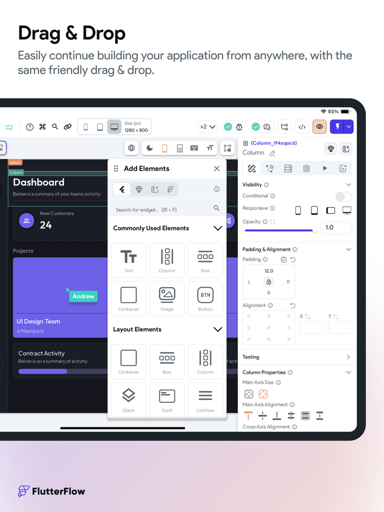 Constructor visual de apps de FlutterFlow para iPad mostrando componentes de arrastrar y soltar para el desarrollo de apps móviles