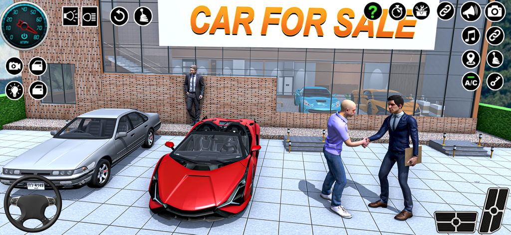 Car Dealer Job Simulator Games - Car dealer shaking hands with a customer in front of a luxury showroom with a red sports car