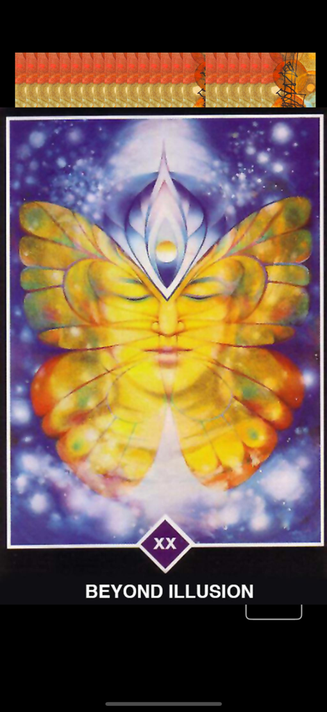 Beyond Illusion Osho Zen tarot card featuring a face blended into butterfly wings under a starry sky