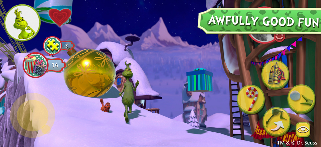 The Grinch - The Grinch walking through a snowy mountain level in the official 3D platformer mobile game.