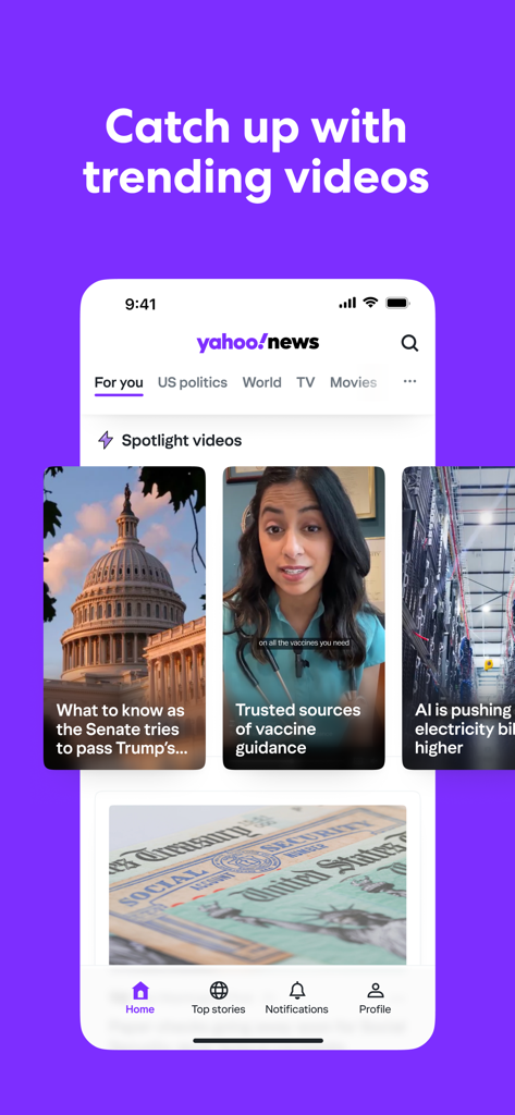 Yahoo News: Daily News For You - Yahoo ニュースアプリの画面。政治や健康に関するトレンドニュースクリップが表示された注目の動画セクションを表示しています。