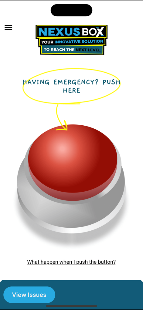 Nexus Box Client Emergency - Home screen of the Nexus Box Client Emergency app featuring a large red button to alert the technical team.