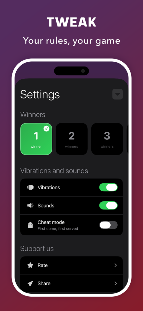Choozy - Finger Chooser - Choozy app settings screen showing options for selecting winners and enabling cheat mode.