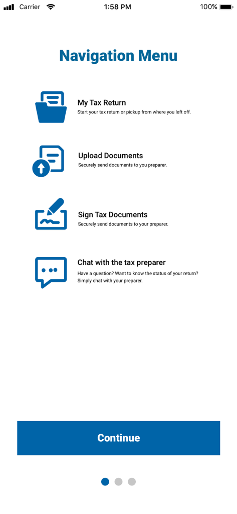 Navigation menu of the TaxesToGo mobile app showing options for tax returns document uploads signatures and chat