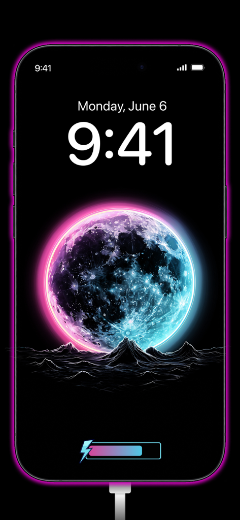 Charging Animation for Battery - Custom iPhone charging animation featuring a glowing neon planet and futuristic landscape