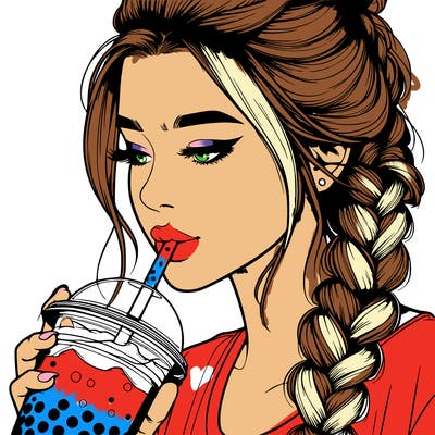 realistic girl drinking boba tea with braided hair