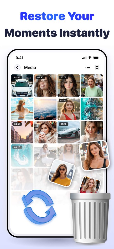 Calculator Lock - Hide Photos - Interfaz de la aplicación Calculator Lock que muestra la galería multimedia y una función para restaurar fotos y vídeos eliminados de una bóveda segura.