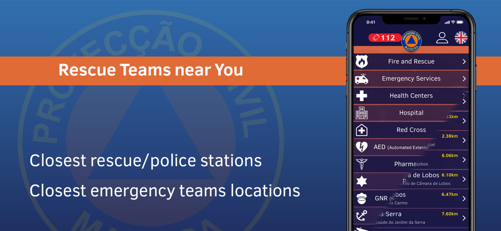 ProCiv Madeira mobile app displaying a list of nearby emergency services and rescue teams including distances