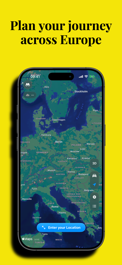 EuroTolls mobile app displaying a map of Europe with a button to enter location for planning toll routes.