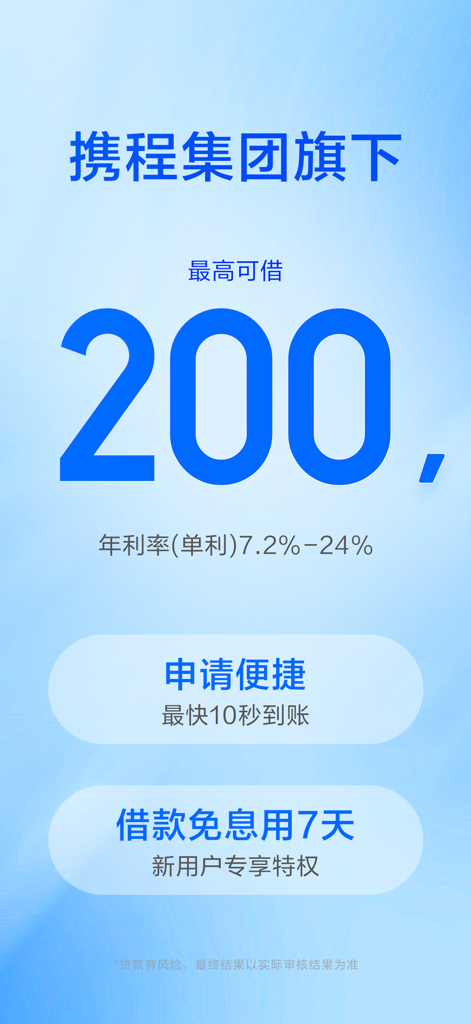 Ctrip Finance app screen promoting loans up to 200,000 with a 7-day interest-free period for new users.