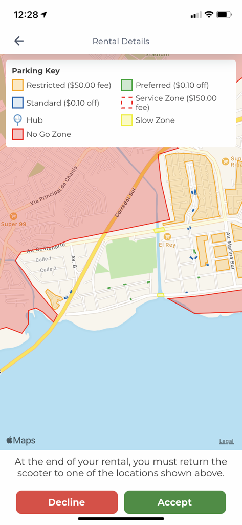 Movatic app rental details screen showing a map with various color coded parking zones and a parking key legend