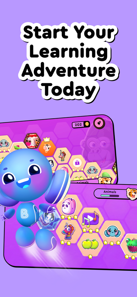 A friendly blue robot character named Buddy floating over a gamified educational map with hexagonal tiles featuring animals and learning activities.