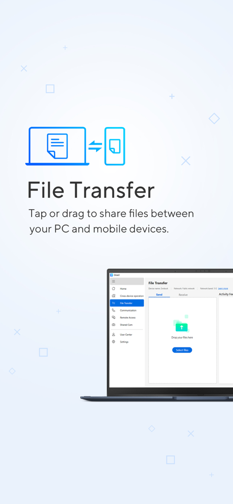 Écran de l'application GlideX illustrant le transfert de fichiers entre un ordinateur portable et un smartphone.