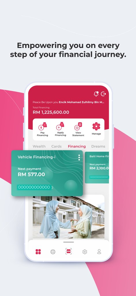 BIMB Mobile app financing dashboard displaying vehicle and home financing details with total balance