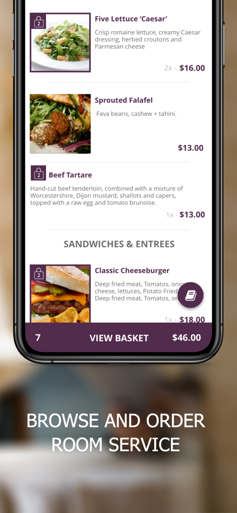 Mobile app interface showing a hotel room service menu with food items and a view basket button