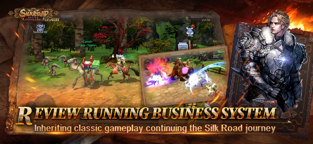 Jugabilidad del juego móvil Silkroad Online mostrando la identidad de mercader y el sistema de negocios clásico con un camello.