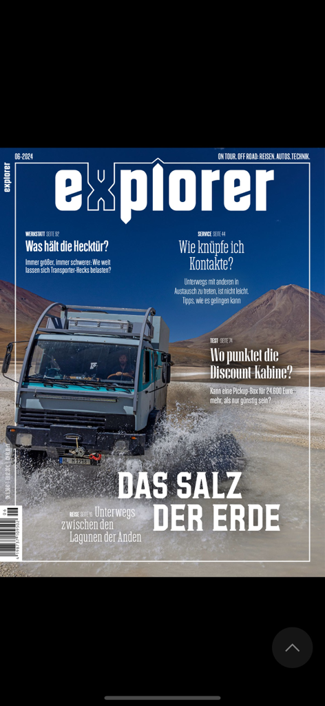 EXPLORER Magazin - Explorer Magazin cover showing a 4x4 expedition truck crossing a salt flat in the Andes mountains