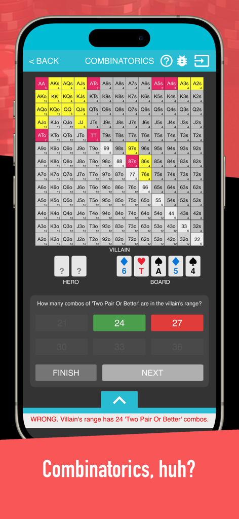 Preflop+ Poker GTO Nash Charts - Poker combinatorics training module in Preflop plus app showing hand range chart and drill question
