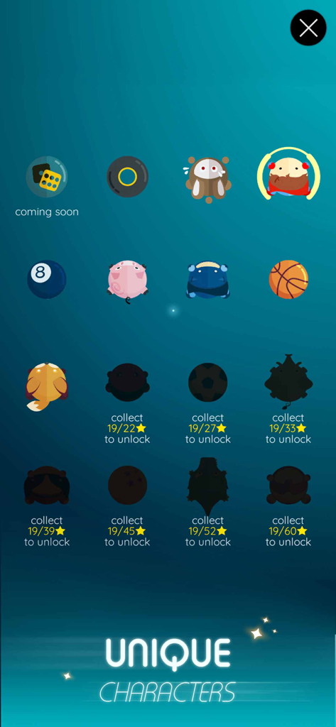 Dancing Ballz: Magic Tiles - Un écran de Dancing Ballz montrant une collection de balles uniques et les exigences de déblocage utilisant des étoiles.