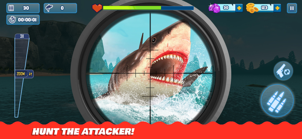 Shark Hunting Games: Sniper 3D - First person sniper view of a great white shark attack in a 3D hunting simulator