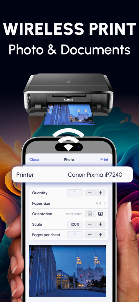 Printer App Smart Printer - A smartphone showing wireless print settings for a photo with a printer in the background