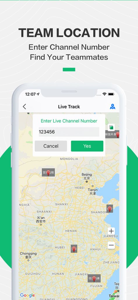 BlackbirdSport - BlackbirdSport app screen showing the Team Location feature with a live track map and channel number input