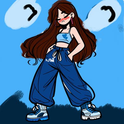 girl in baggy pants crop top and long hair