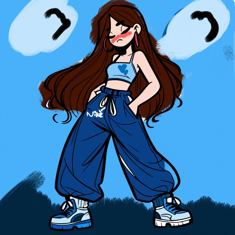 girl in baggy pants crop top and long hair