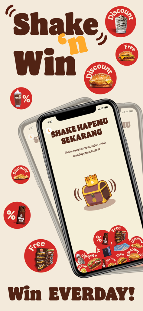 Burger King Indonesia app screenshot featuring the Shake and Win game for food rewards and discounts