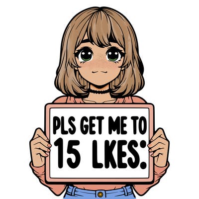 realistic girl holding up a sign that says “pls get me to 15 likes!”