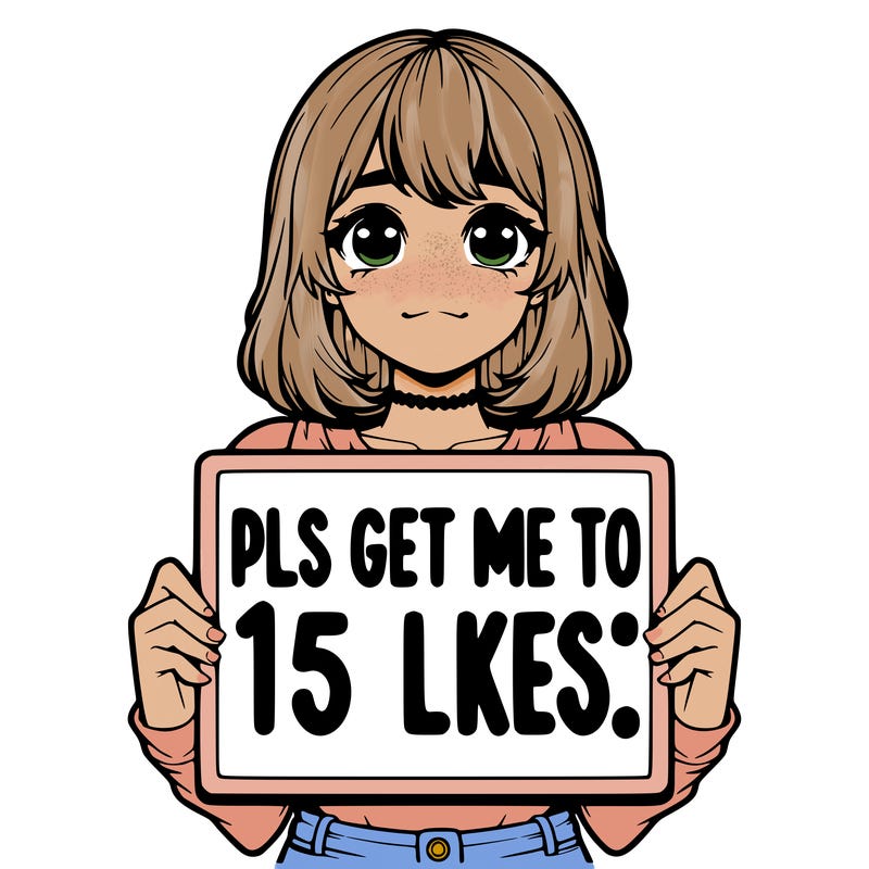 realistic girl holding up a sign that says “pls get me to 15 likes!”