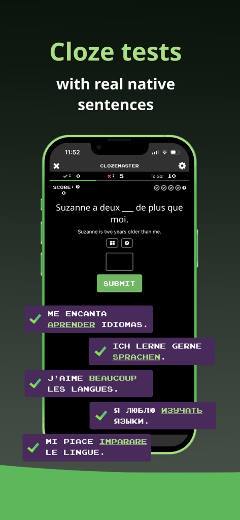 Clozemaster: Expand Vocabulary - Clozemaster app interface showing a fill-in-the-blank language exercise with real native sentences in French and multiple other languages.