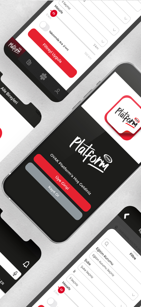Mobile interface of OYAK Platform app featuring the login screen and service categories