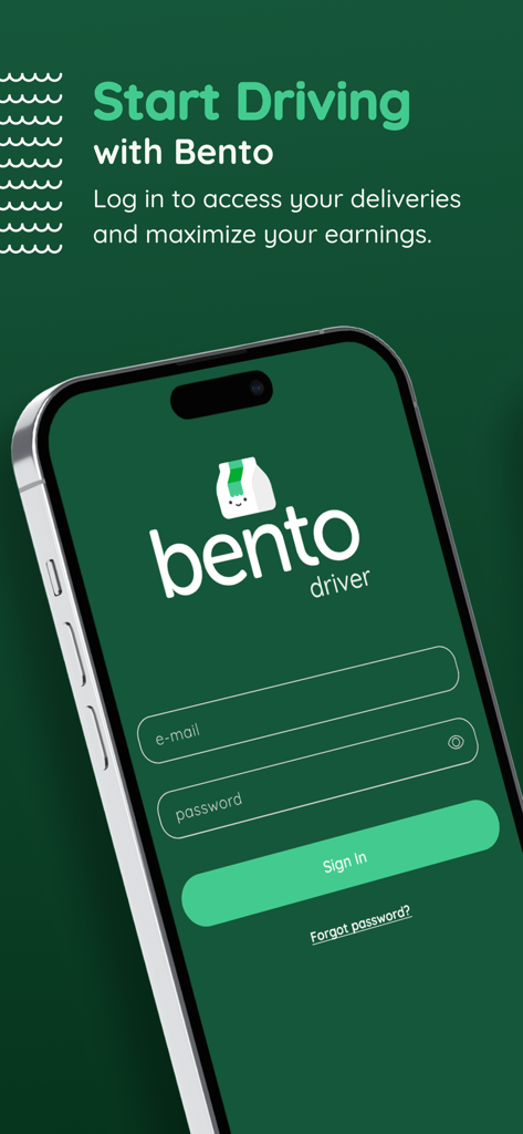 Bento Driver - Cayman - Tela de login do aplicativo Bento Driver Cayman mostrando o formulário de login com campos de e-mail e senha em um fundo verde escuro