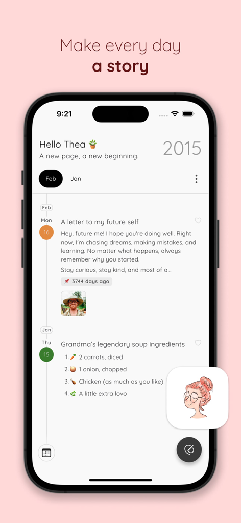 StoryPad: My Diary Journal - A timeline view of the StoryPad diary app on an iPhone showing personal journal entries and photos