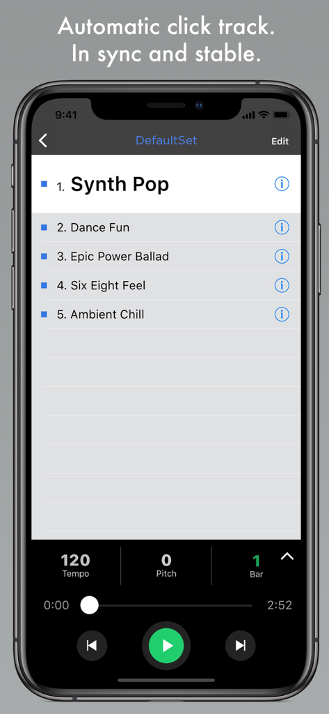 ShowOne - Pro Backing Tracks - ShowOne app interface showing a music setlist with tracks like Synth Pop and live playback controls for tempo and pitch.