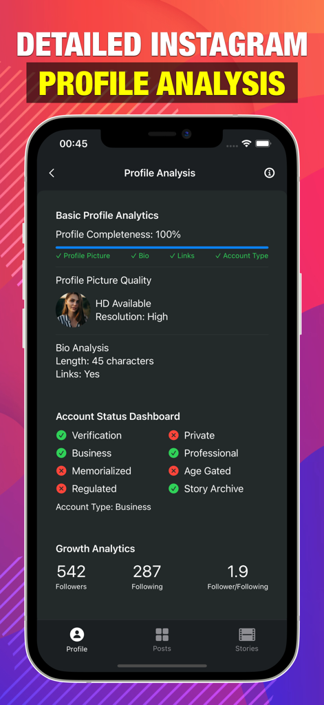 Instagram profile analysis dashboard in Social Scan app showing growth metrics and account status