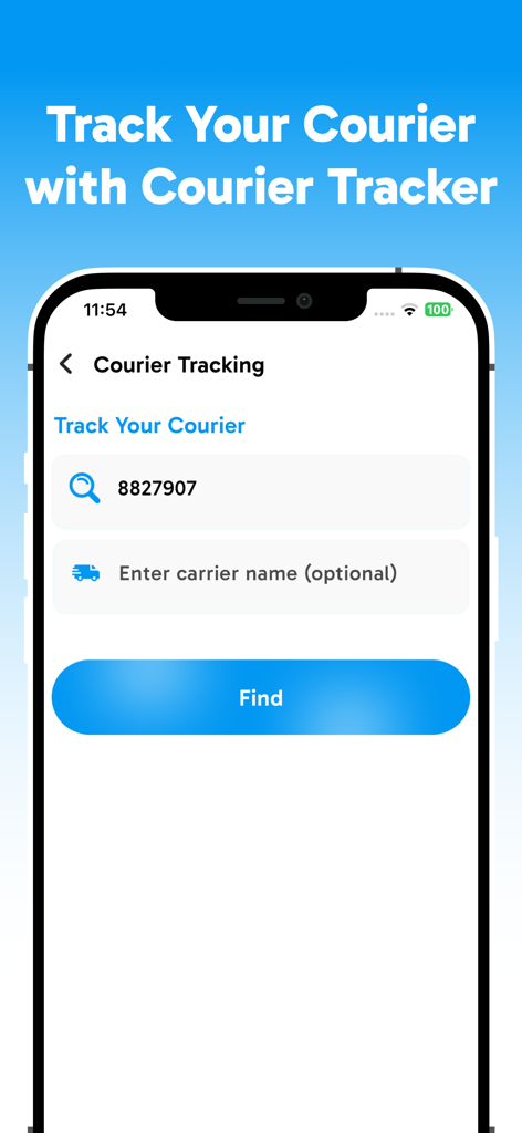 Package Tracker : Courier Info - Mobile app interface for tracking a parcel with a tracking number input field and find button.