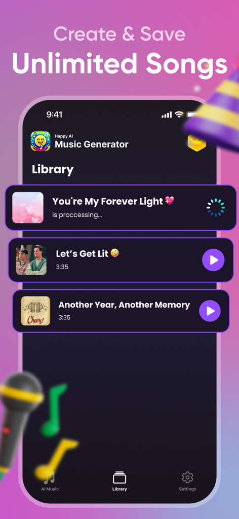 Happy AI: Song, Music Creator - Interface of the Happy AI Music Creator app showing a library of personalized generated songs