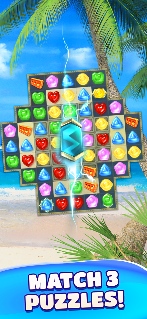 Gummy Drop! Match 3 Puzzles - A colorful match 3 puzzle game board set on a tropical beach background with a glowing booster.