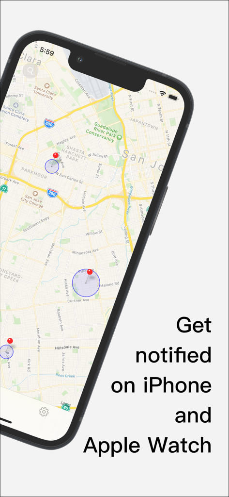 Map Alarm-alert on locations - Map Alarm app interface on an iPhone showing location-based alerts on a city map.