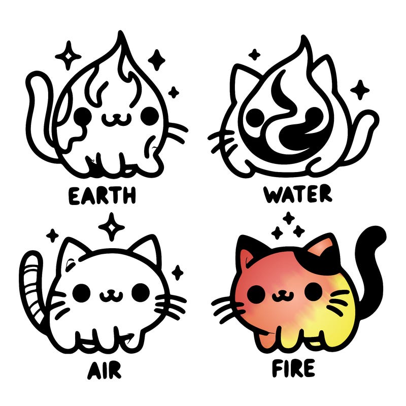 4 cats that represent the different elements, earth, water, air, and fire