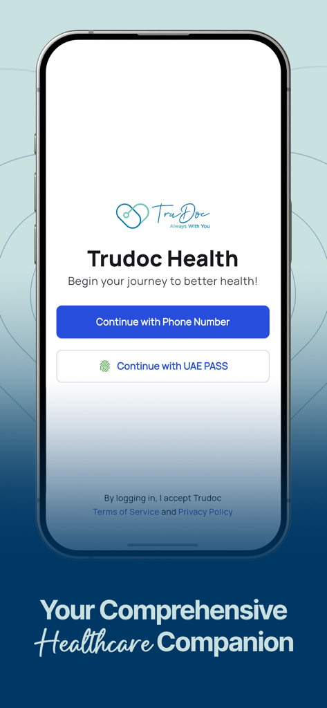 TruDoc Health app welcome screen with options to login using a phone number or UAE PASS