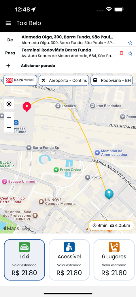 Táxi Belô - Captura de pantalla de la aplicación Taxi Belo que muestra un mapa de ruta y diferentes opciones de vehículos de taxi con precios estimados