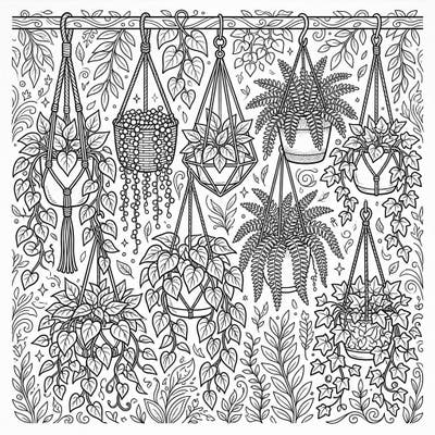 Dive into a serene world of green with this enchanting coloring page featuring a delightful array of hanging plants and graceful trailing vines. Discover intricate details and bring your indoor jungle to life with every color.