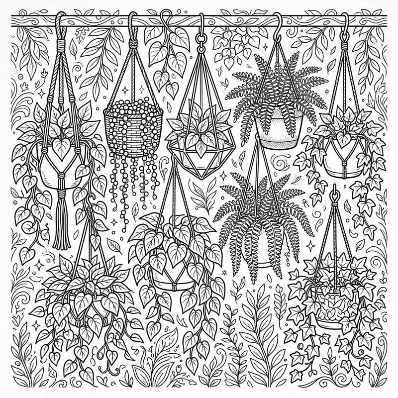 Dive into a serene world of green with this enchanting coloring page featuring a delightful array of hanging plants and graceful trailing vines. Discover intricate details and bring your indoor jungle to life with every color.