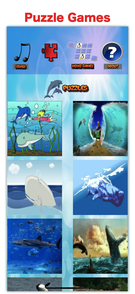Sea World: Kids Dolphin Games - Puzzle game selection screen featuring images of dolphins, whales, and other marine animals for children.