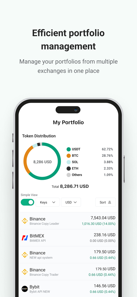 League of Traders - League of Traders mobile app showing crypto portfolio management with token distribution and linked exchanges