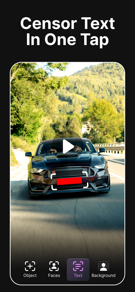 AI Blur Video - Mosaic Editor - AI Blur Video app interface showing a license plate being censored with a red bar in one tap