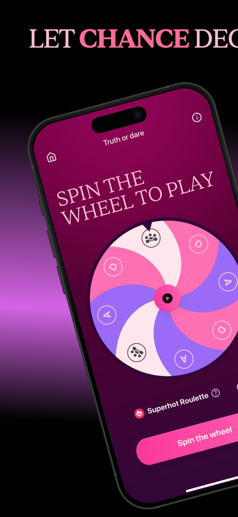 Interfaz de la app Fuego mostrando una rueda giratoria colorida de Verdad o Reto para parejas